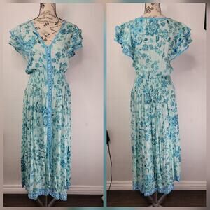 Poupette St Barth Della Midi Dress SZ XS Blue Aqua Grasse Button Up Cottagecore